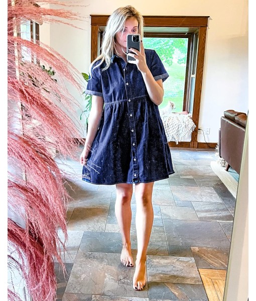 GRAPENT Denim Dress for Women Babydoll Tiered Short Sleeve Button Down Jean Shirt Dresses