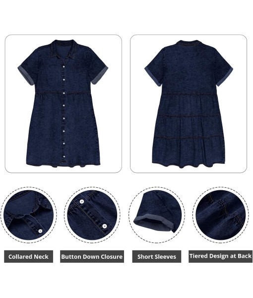 GRAPENT Denim Dress for Women Babydoll Tiered Short Sleeve Button Down Jean Shirt Dresses