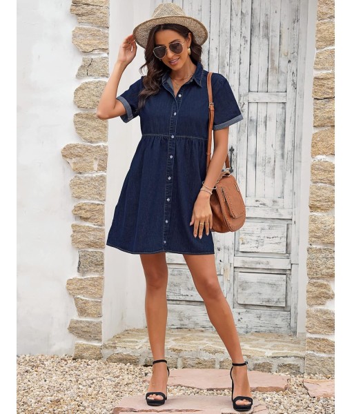 GRAPENT Denim Dress for Women Babydoll Tiered Short Sleeve Button Down Jean Shirt Dresses