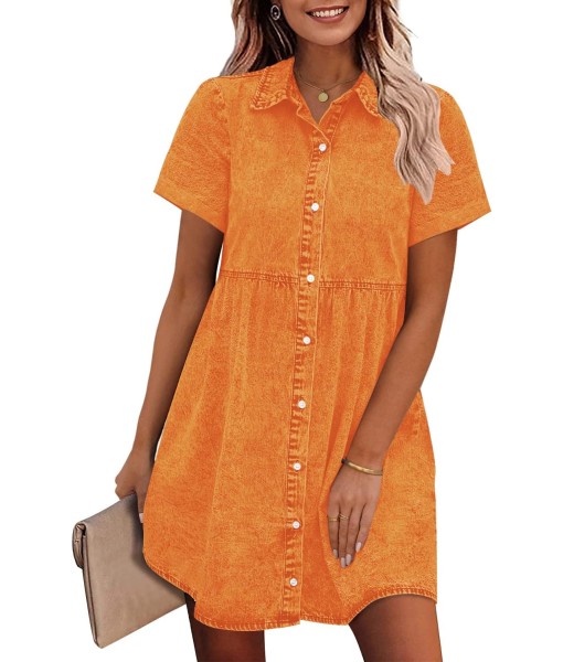 GRAPENT Denim Dress for Women Babydoll Tiered Short Sleeve Button Down Jean Shirt Dresses