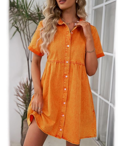GRAPENT Denim Dress for Women Babydoll Tiered Short Sleeve Button Down Jean Shirt Dresses