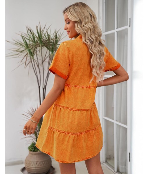 GRAPENT Denim Dress for Women Babydoll Tiered Short Sleeve Button Down Jean Shirt Dresses