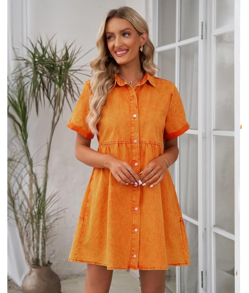 GRAPENT Denim Dress for Women Babydoll Tiered Short Sleeve Button Down Jean Shirt Dresses