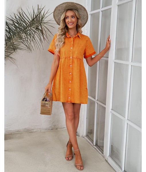 GRAPENT Denim Dress for Women Babydoll Tiered Short Sleeve Button Down Jean Shirt Dresses