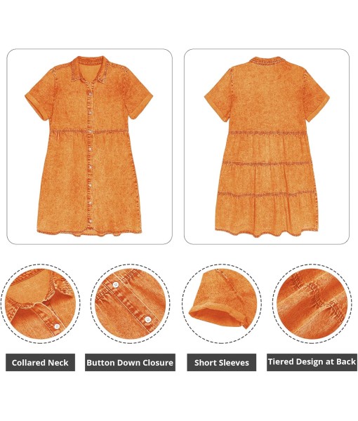 GRAPENT Denim Dress for Women Babydoll Tiered Short Sleeve Button Down Jean Shirt Dresses
