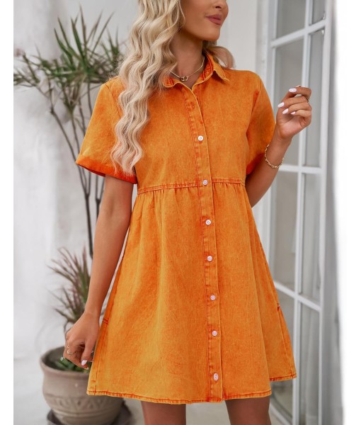GRAPENT Denim Dress for Women Babydoll Tiered Short Sleeve Button Down Jean Shirt Dresses