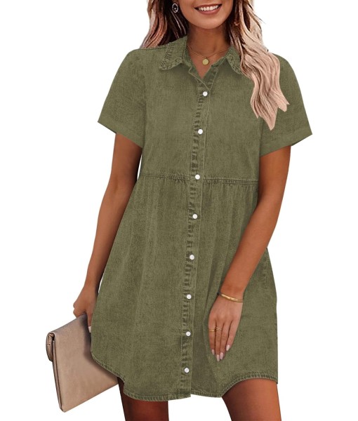 GRAPENT Denim Dress for Women Babydoll Tiered Short Sleeve Button Down Jean Shirt Dresses