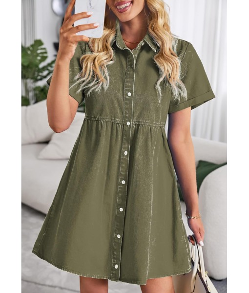 GRAPENT Denim Dress for Women Babydoll Tiered Short Sleeve Button Down Jean Shirt Dresses