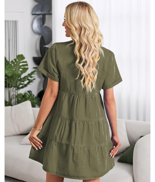 GRAPENT Denim Dress for Women Babydoll Tiered Short Sleeve Button Down Jean Shirt Dresses