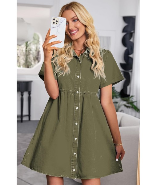 GRAPENT Denim Dress for Women Babydoll Tiered Short Sleeve Button Down Jean Shirt Dresses