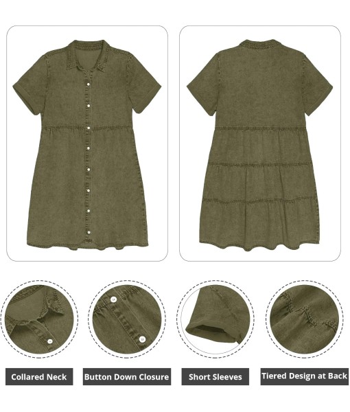 GRAPENT Denim Dress for Women Babydoll Tiered Short Sleeve Button Down Jean Shirt Dresses