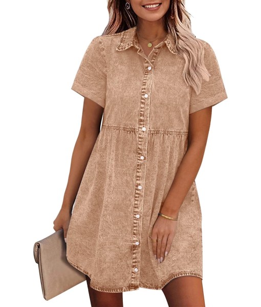 GRAPENT Denim Dress for Women Babydoll Tiered Short Sleeve Button Down Jean Shirt Dresses