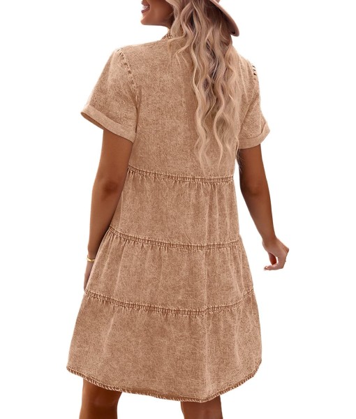 GRAPENT Denim Dress for Women Babydoll Tiered Short Sleeve Button Down Jean Shirt Dresses
