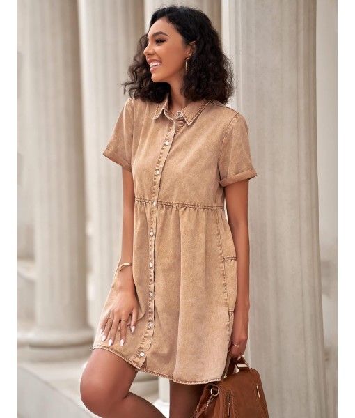 GRAPENT Denim Dress for Women Babydoll Tiered Short Sleeve Button Down Jean Shirt Dresses