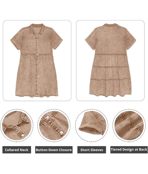 GRAPENT Denim Dress for Women Babydoll Tiered Short Sleeve Button Down Jean Shirt Dresses