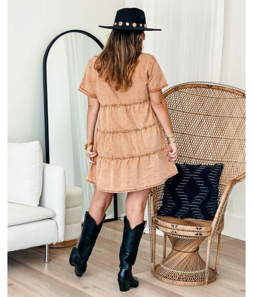 GRAPENT Denim Dress for Women Babydoll Tiered Short Sleeve Button Down Jean Shirt Dresses
