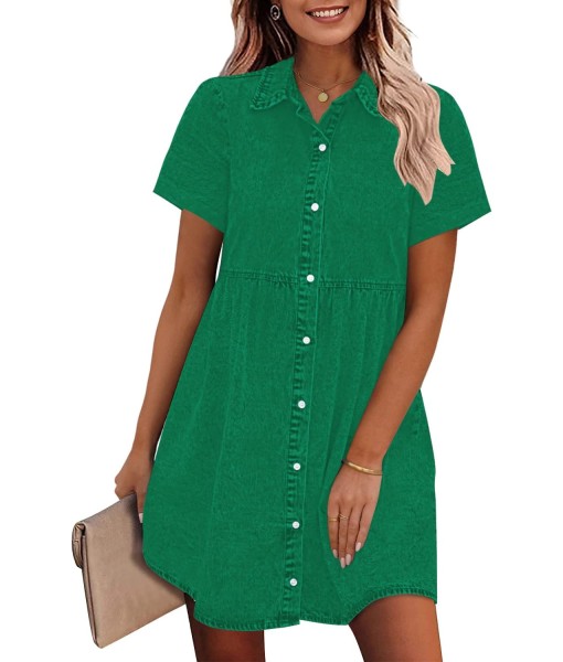 GRAPENT Denim Dress for Women Babydoll Tiered Short Sleeve Button Down Jean Shirt Dresses