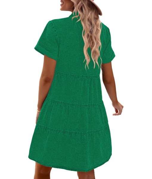 GRAPENT Denim Dress for Women Babydoll Tiered Short Sleeve Button Down Jean Shirt Dresses