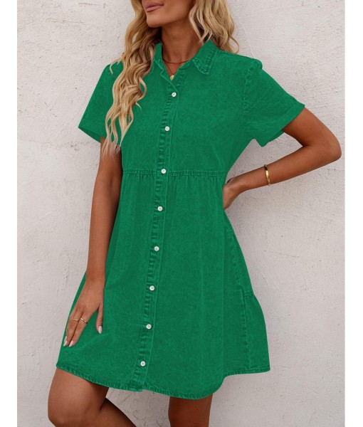 GRAPENT Denim Dress for Women Babydoll Tiered Short Sleeve Button Down Jean Shirt Dresses