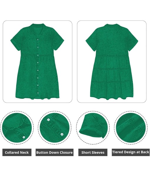 GRAPENT Denim Dress for Women Babydoll Tiered Short Sleeve Button Down Jean Shirt Dresses