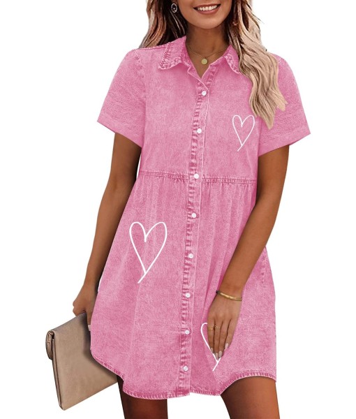 GRAPENT Denim Dress for Women Babydoll Tiered Short Sleeve Button Down Jean Shirt Dresses