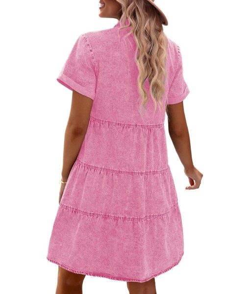 GRAPENT Denim Dress for Women Babydoll Tiered Short Sleeve Button Down Jean Shirt Dresses