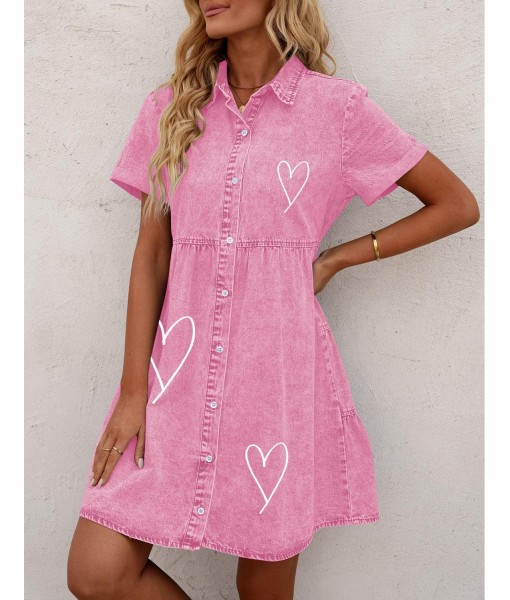 GRAPENT Denim Dress for Women Babydoll Tiered Short Sleeve Button Down Jean Shirt Dresses