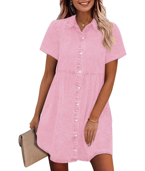 GRAPENT Denim Dress for Women Babydoll Tiered Short Sleeve Button Down Jean Shirt Dresses