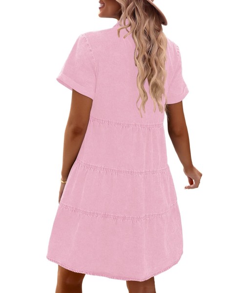GRAPENT Denim Dress for Women Babydoll Tiered Short Sleeve Button Down Jean Shirt Dresses