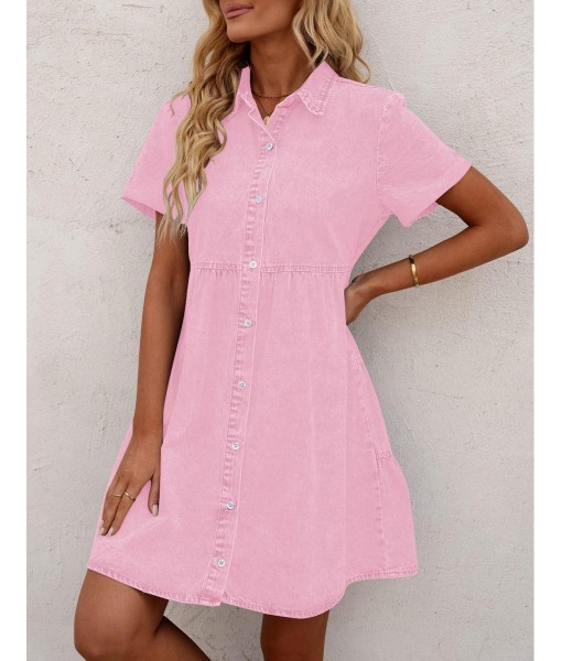 GRAPENT Denim Dress for Women Babydoll Tiered Short Sleeve Button Down Jean Shirt Dresses
