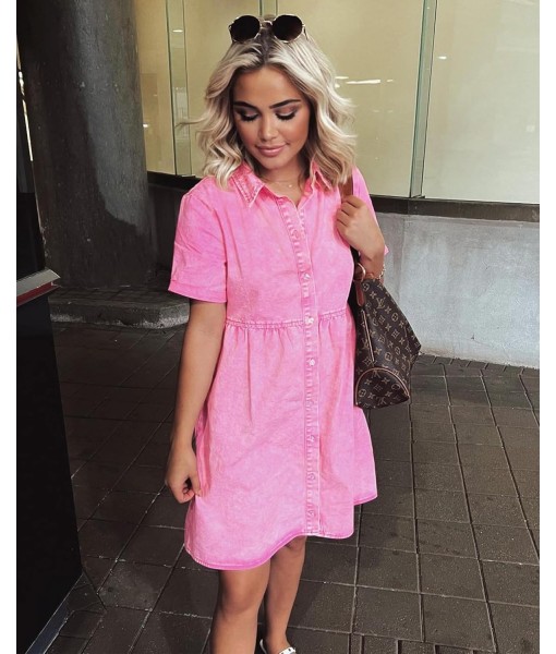 GRAPENT Denim Dress for Women Babydoll Tiered Short Sleeve Button Down Jean Shirt Dresses