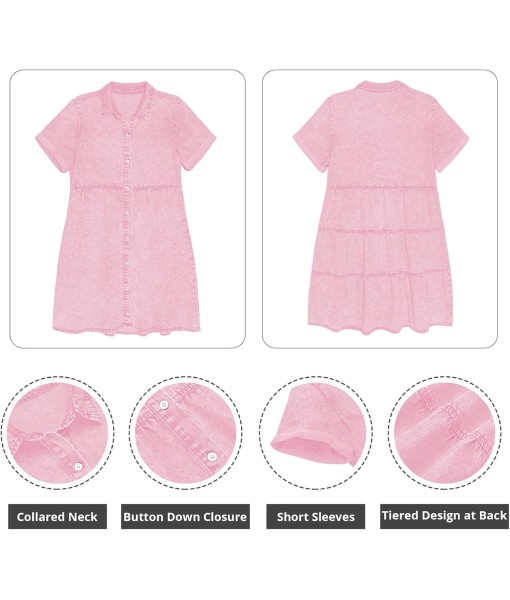 GRAPENT Denim Dress for Women Babydoll Tiered Short Sleeve Button Down Jean Shirt Dresses