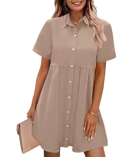 GRAPENT Denim Dress for Women Babydoll Tiered Short Sleeve Button Down Jean Shirt Dresses