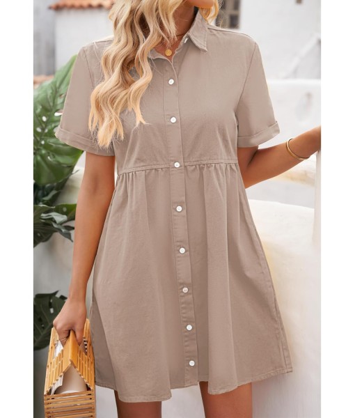 GRAPENT Denim Dress for Women Babydoll Tiered Short Sleeve Button Down Jean Shirt Dresses