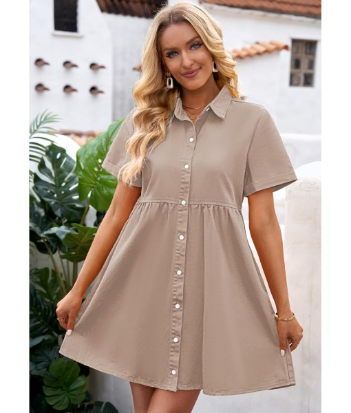 GRAPENT Denim Dress for Women Babydoll Tiered Short Sleeve Button Down Jean Shirt Dresses