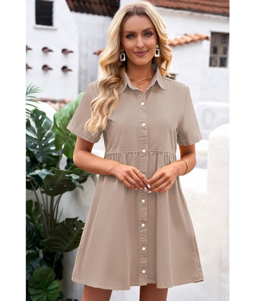 GRAPENT Denim Dress for Women Babydoll Tiered Short Sleeve Button Down Jean Shirt Dresses