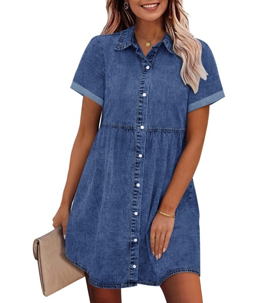 GRAPENT Denim Dress for Women Babydoll Tiered Short Sleeve Button Down Jean Shirt Dresses