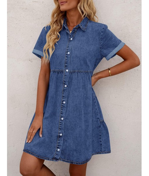 GRAPENT Denim Dress for Women Babydoll Tiered Short Sleeve Button Down Jean Shirt Dresses