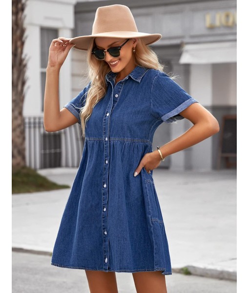 GRAPENT Denim Dress for Women Babydoll Tiered Short Sleeve Button Down Jean Shirt Dresses