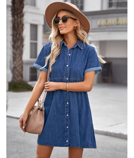 GRAPENT Denim Dress for Women Babydoll Tiered Short Sleeve Button Down Jean Shirt Dresses