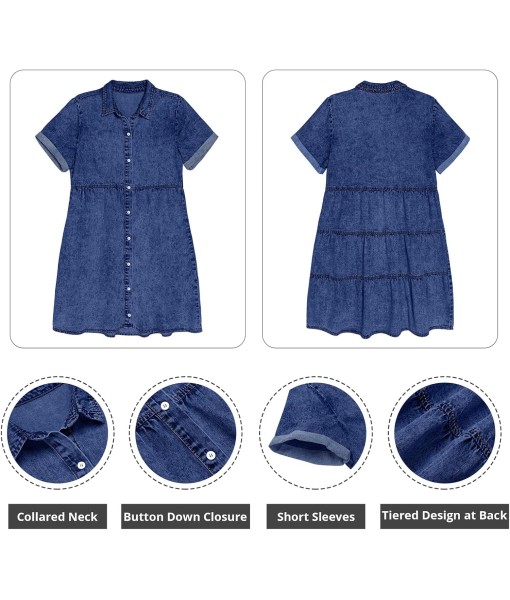 GRAPENT Denim Dress for Women Babydoll Tiered Short Sleeve Button Down Jean Shirt Dresses