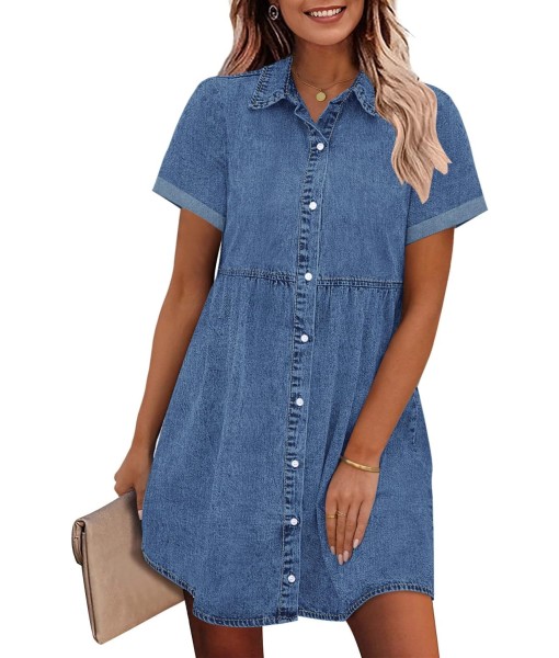 GRAPENT Denim Dress for Women Babydoll Tiered Short Sleeve Button Down Jean Shirt Dresses