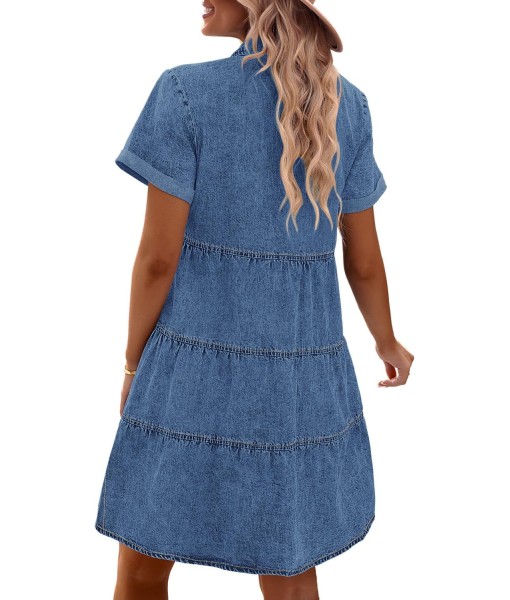 GRAPENT Denim Dress for Women Babydoll Tiered Short Sleeve Button Down Jean Shirt Dresses