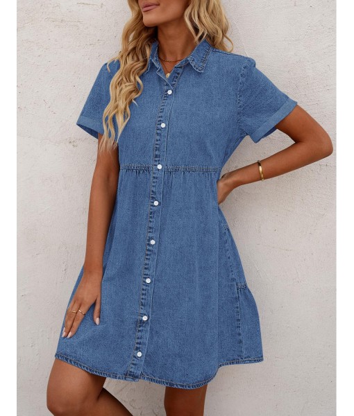 GRAPENT Denim Dress for Women Babydoll Tiered Short Sleeve Button Down Jean Shirt Dresses