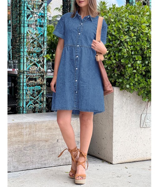 GRAPENT Denim Dress for Women Babydoll Tiered Short Sleeve Button Down Jean Shirt Dresses