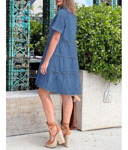 GRAPENT Denim Dress for Women Babydoll Tiered Short Sleeve Button Down Jean Shirt Dresses