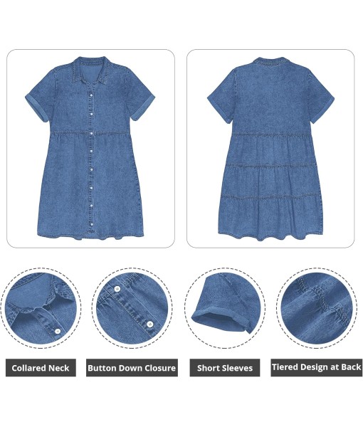 GRAPENT Denim Dress for Women Babydoll Tiered Short Sleeve Button Down Jean Shirt Dresses