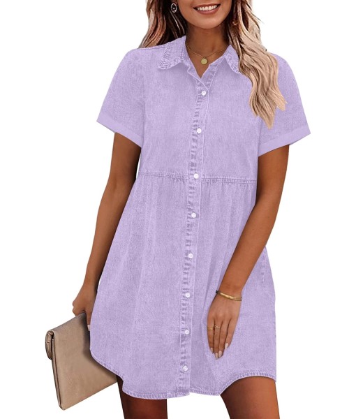 GRAPENT Denim Dress for Women Babydoll Tiered Short Sleeve Button Down Jean Shirt Dresses
