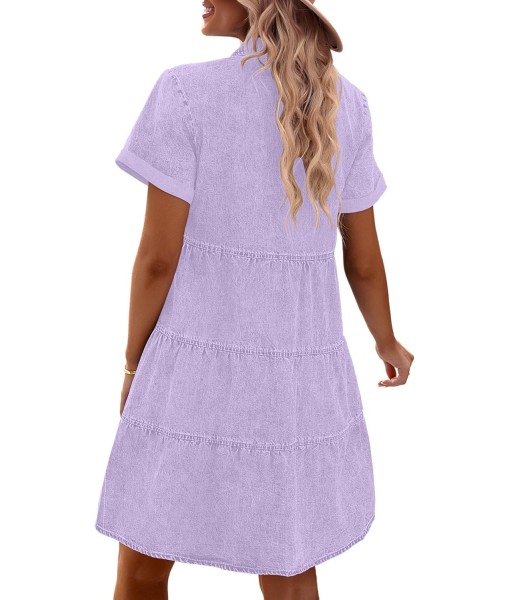 GRAPENT Denim Dress for Women Babydoll Tiered Short Sleeve Button Down Jean Shirt Dresses