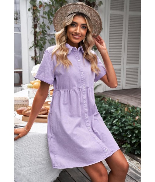 GRAPENT Denim Dress for Women Babydoll Tiered Short Sleeve Button Down Jean Shirt Dresses